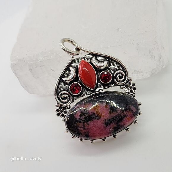Crescent Moon Rhodonite Coral Handmade Pendant Jewelry Woman Gift 2" - Picture 1 of 4